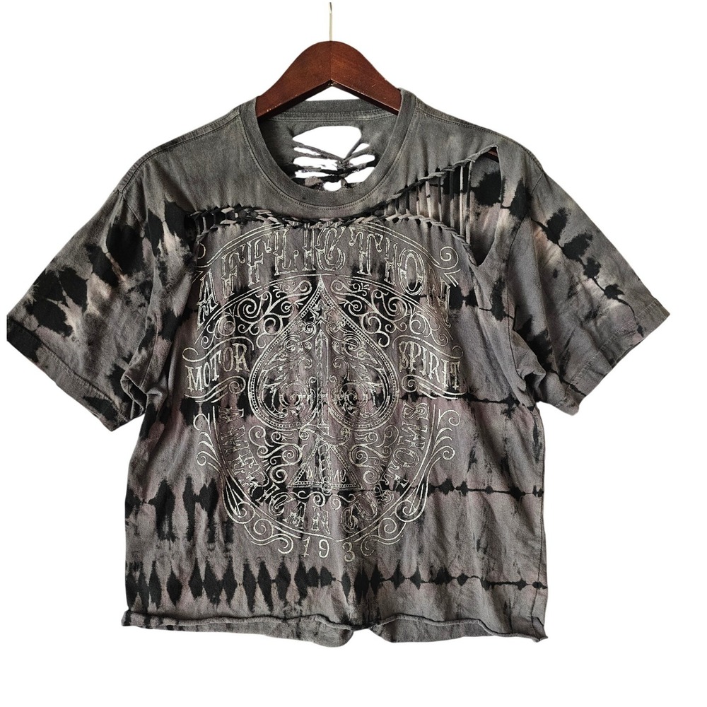 AFFLICTION Women Distressed Tie Dye Graphic T Shirt Cut Out Ripped Gray L/XL